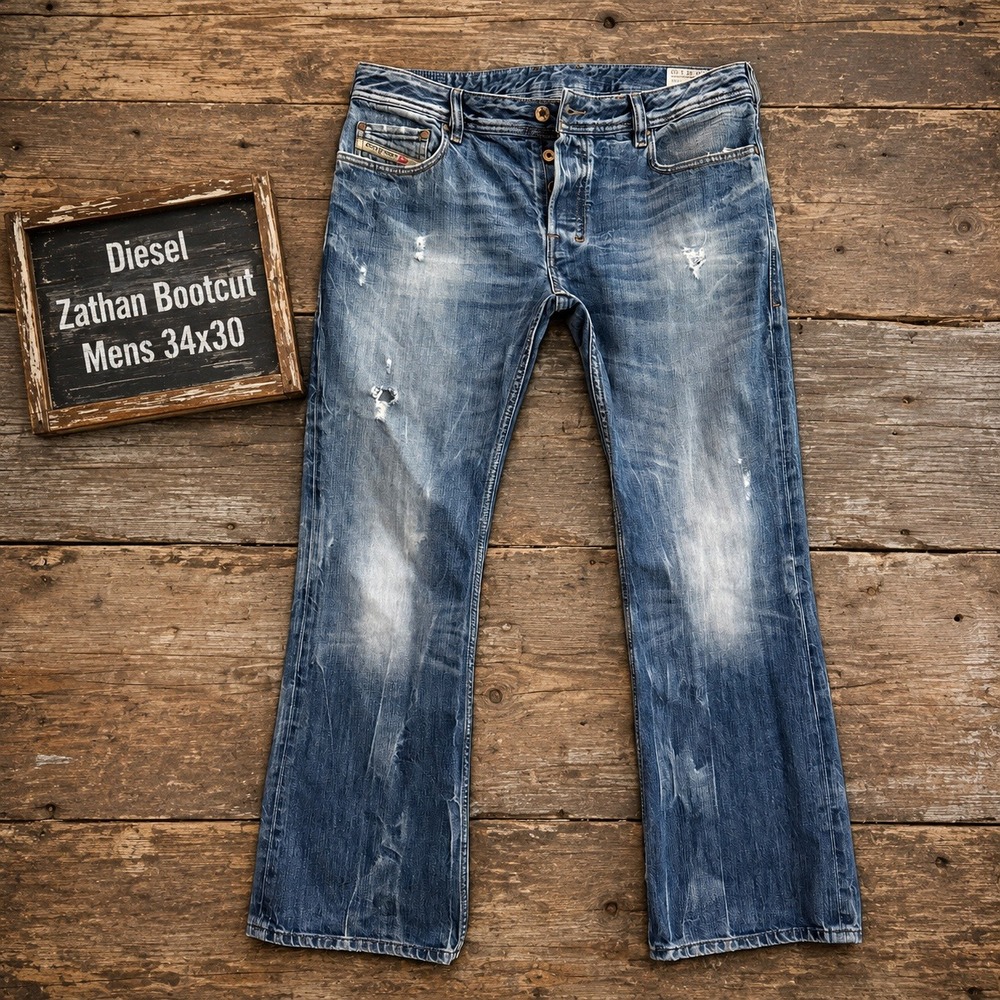 Diesel Zathan Regular Bootcut Jeans Mens 34x30 Blue Distressed Wash 008B9 Denim